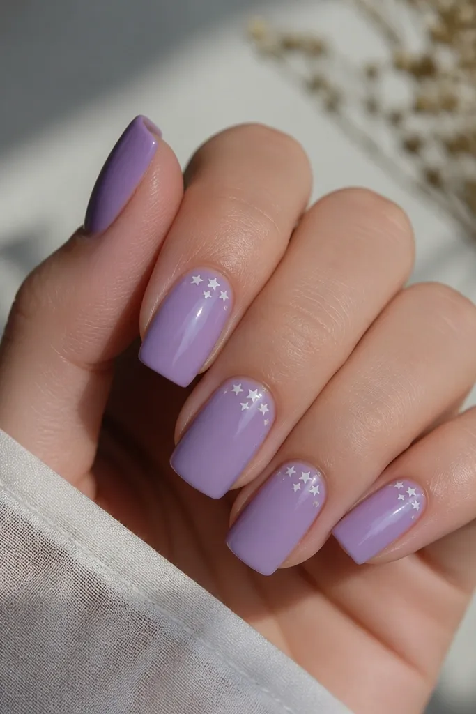 Square nails in lavender jelly. A small cluster of 3-5 white stars sits near the cuticle on each nail, with glossy shine and no other art.