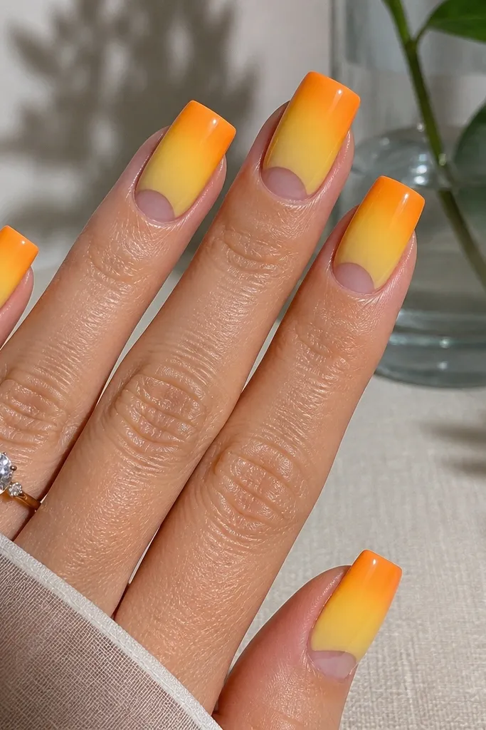 Square nails with a bright citrus gradient from yellow at the cuticle fading into orange at the tip. A clear half-moon section is left at the cuticle, creating a window.