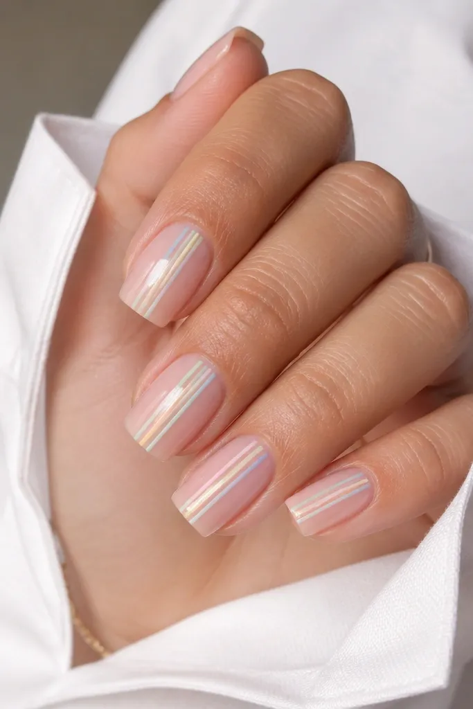 Square nails with a sheer pink base. Each nail has 3-4 ultra-thin pastel stripes (mint, yellow, peach, light blue) running vertically toward the tip, glossy and neat.