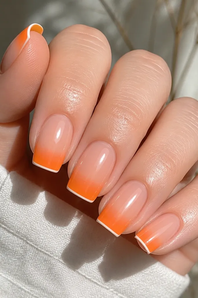 Square medium nails with a sheer tangerine jelly base. Only the tips are tinted, and a thin white micro-french line sits right at the edge. Glossy top coat makes the jelly look juicy and translucent.