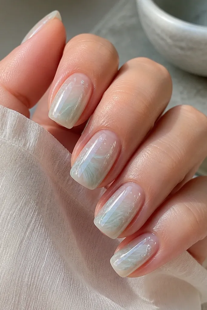 Square medium nails with a clear jelly base. Wispy seafoam and pale mint marble streaks swirl diagonally, with a few tiny white flecks. Everything is glossy like glass, with no heavy opacity.