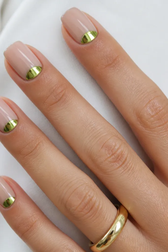 Square medium nails with a sheer nude base. The cuticle area has a lime chrome half-moon shape, like a crescent, with the rest of the nail left nude. High-shine chrome reflects light sharply.