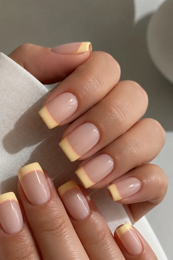 Square medium nails with a milky nude base. The tips are butter yellow in a straight french shape, and a thin peach outline hugs the yellow edge. Glossy finish makes the tips look crisp.