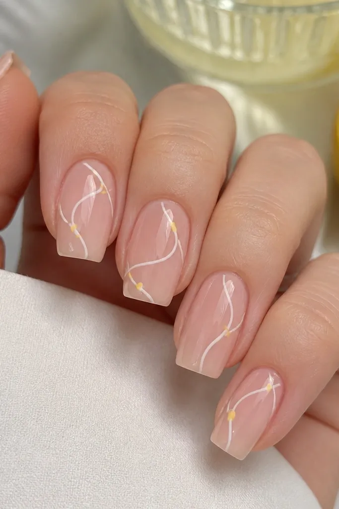 Square medium nails with a translucent clear pink base. Thin white lines form swooping swirls, and small yellow dot accents sit at the curve points. Glossy and slightly translucent, like lemonade.