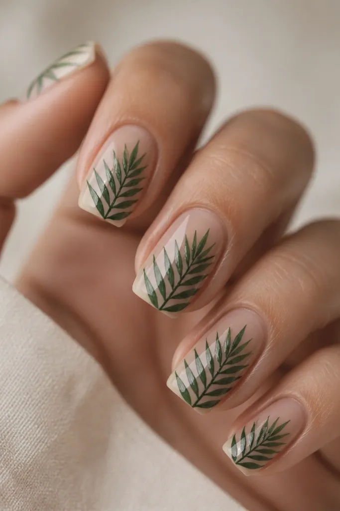 Square medium nails with a nude base left mostly clear. Green palm frond silhouettes fan out from the center, with one or two fronds extending toward the tip. A few tiny light-green highlights add depth.