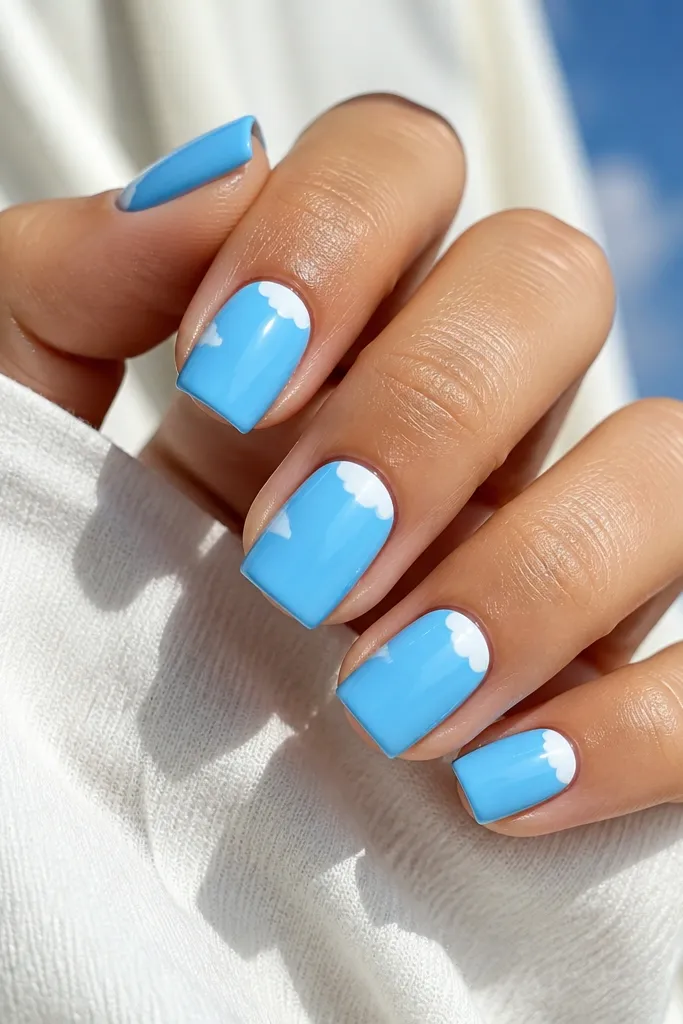 Square medium nails with a bright sky blue base. Only the top corners near the tip have small rounded white cloud shapes, like tiny puffs. Everything is glossy with clean straight edges.