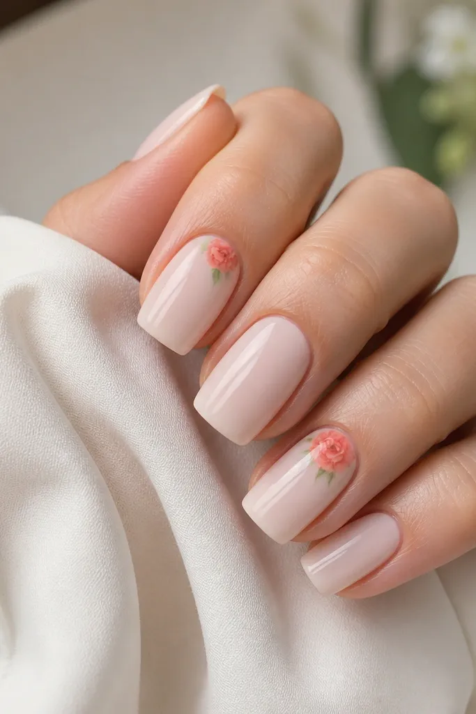 Square medium nails with a milky nude base. One or two nails have a small coral rose bloom near the cuticle, with a tiny green leaf. Other nails stay plain and glossy.
