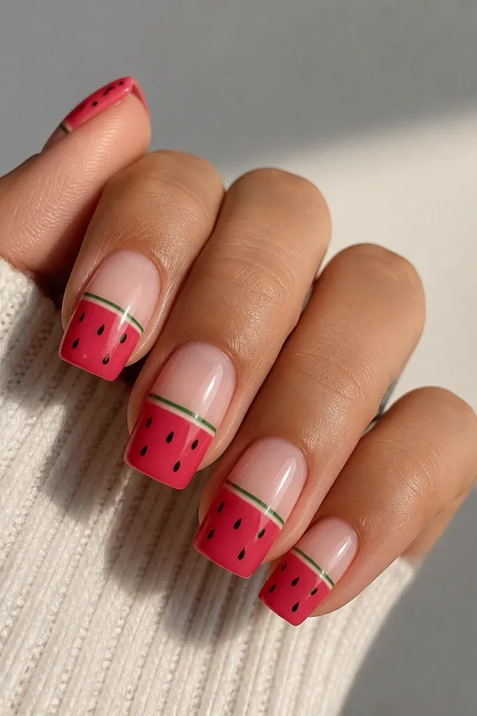 Square medium nails with a half-negative design. The lower portion is glossy watermelon pink-red, while the upper portion is nude. Thin black seeds dot the red section, and a small green rind line sits near the top edge.