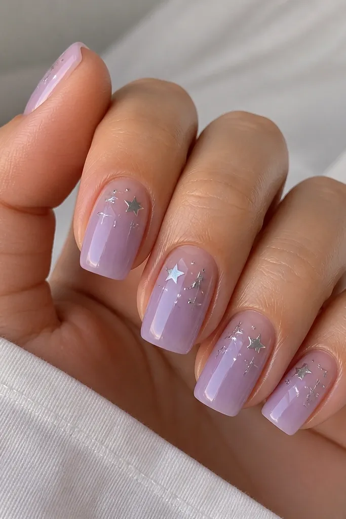 Square medium nails with a translucent lavender jelly layer. Tiny silver star shapes and sparkles are scattered near the cuticle and mid-nail, not the whole surface. High gloss keeps it glassy.