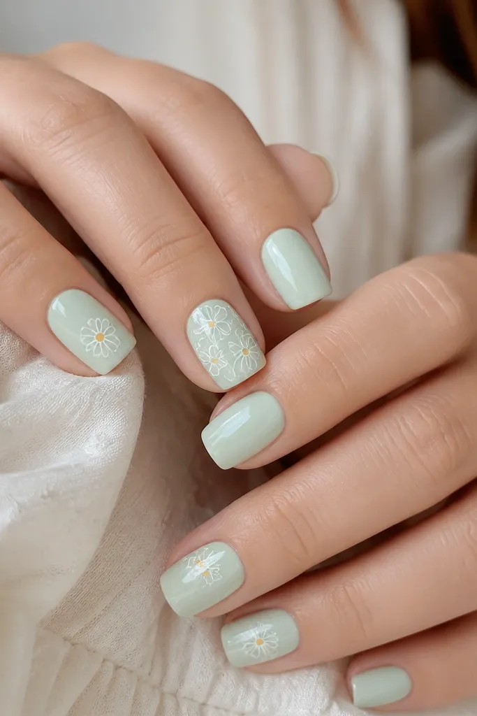 Square medium nails with a pale mint base. White daisies are drawn as simple one-line petals around a tiny yellow center on one or two accent nails. The rest of the nails are solid mint or have a single tiny flower.