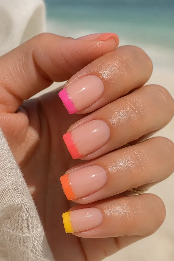 Square medium nails with a nude base. Each nail has a different hot summer tip color (pink, coral, orange, yellow) with a thin band of micro glitter at the very edge. Glossy top coat makes tips look vivid.