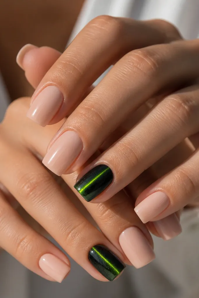 Square medium nails with a nude base. On two accent nails, a black cat-eye polish creates a magnetic streak with a neon green glow line through it. The rest of nails are plain nude with glossy finish.