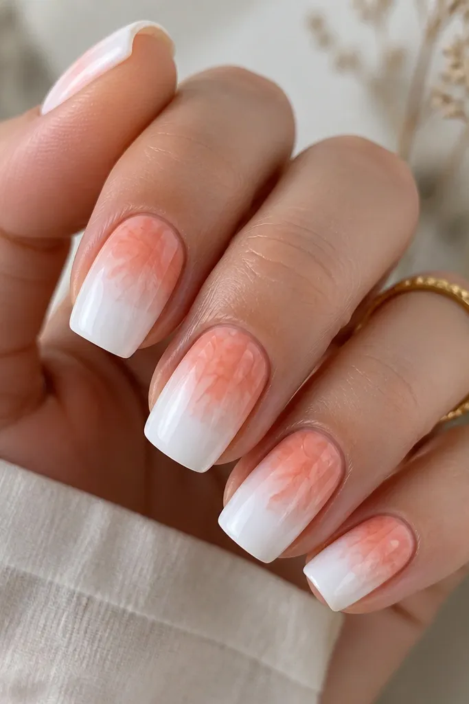 Square medium nails with a bright white base. Near the cuticle, a peach ombre bloom spreads outward like a soft watercolor. The tips stay white and clean, with glossy shine.