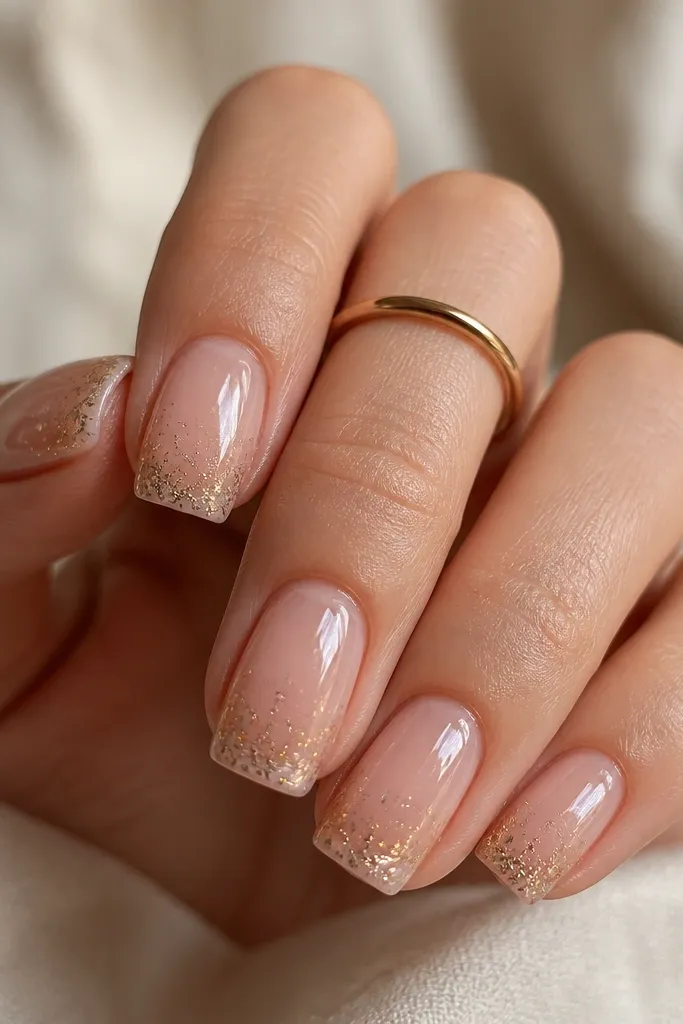 Square medium nails with a translucent nude base. Over the top, there are tiny gold flecks concentrated near the tips and a few scattered spots. The whole nail has a smooth, wet-looking sheen.