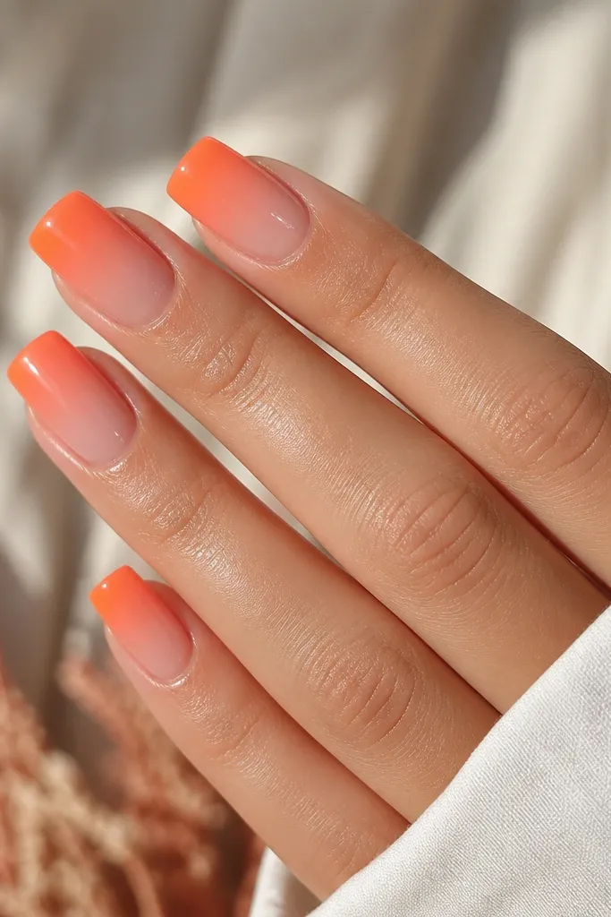 Square medium nails with a smooth ombre fade from tangerine at the tips to coral toward the middle and nude at the base. The blend is soft with no harsh line. Glossy finish.