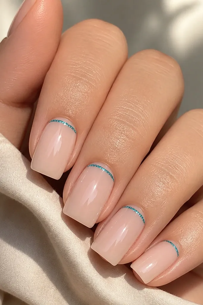 Square medium nails with a sheer nude base. A thin turquoise micro-glitter line runs horizontally right above the cuticle. The rest of the nail is glossy and clean.
