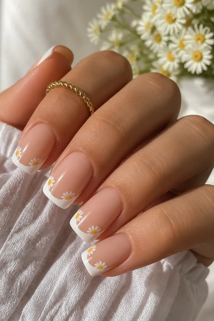 Square medium nails with a sheer nude base. The tips are outlined with a white french curve, and tiny white daisies sit along the french line with yellow centers. Glossy and cute, like a summer dress.
