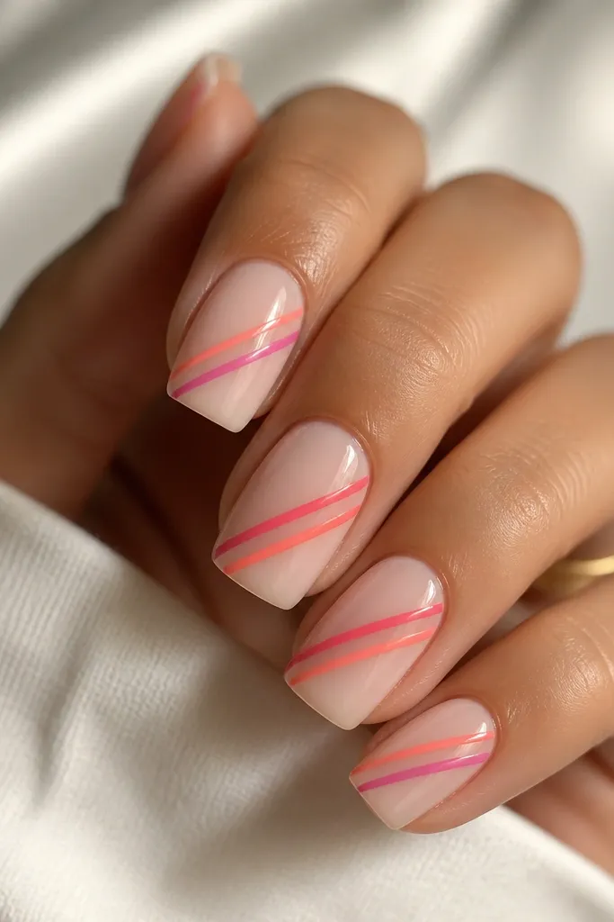 Square medium nails with a milky nude base. Diagonal candy stripes run from lower left to upper right in coral and hot pink bands. The stripes are thin and glossy, with clean edges.