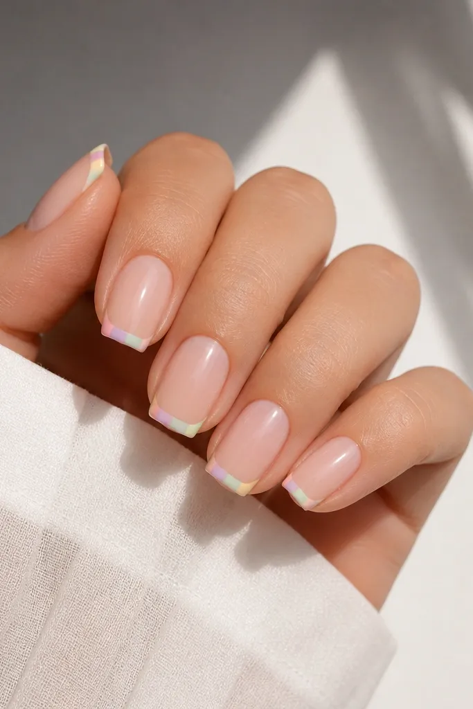 Square medium nails with a sheer nude base. Along the very top edge near the tip, there's a pastel rainbow band split into small sections: baby pink, lavender, mint, and pale yellow. Glossy finish.