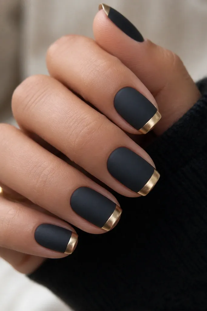 Short-to-medium acrylic nails with a matte charcoal base and crisp champagne-gold French tips. The gold tips look metallic with a soft shine, and the charcoal is fully matte with clean cuticles.