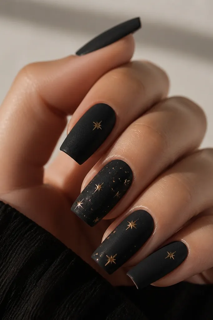 Long square nails with a matte "velvet" black finish. Tiny gold star dots are scattered sparingly on two accent nails, with a few stars near the center of others.