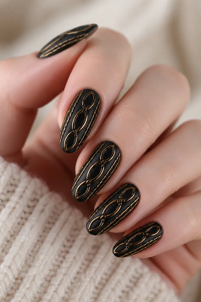 Medium almond nails with matte black base. On each nail, thin gold gel lines form a cable-knit pattern, with small crossovers and a glossy gold finish.