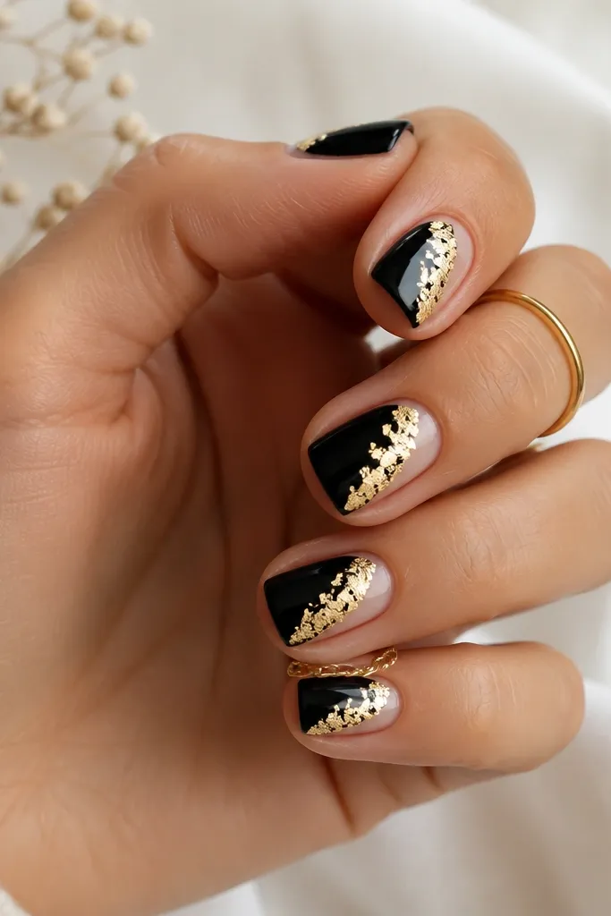 Short square nails with a glossy black base. Gold foil flakes sit in a diagonal strip, leaving clear negative space near the cuticle and sides.