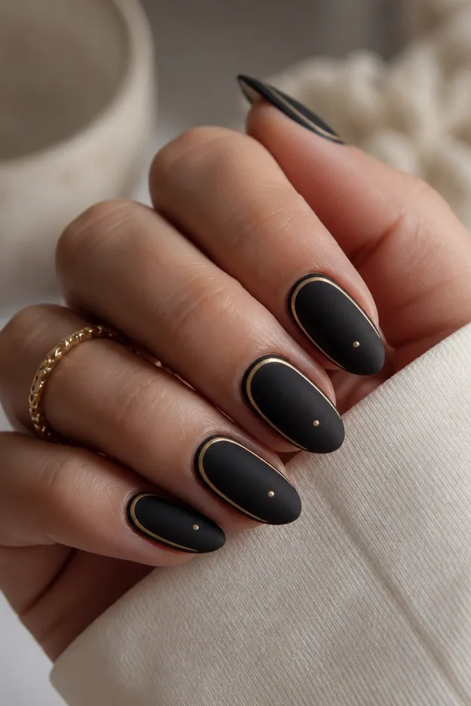 Medium almond nails with matte black color. A thin gold line outlines the top half of the nail near the edges, forming a subtle frame, with a small gold dot at the center.