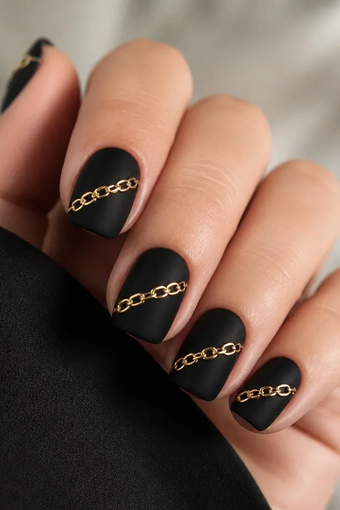 Short-to-medium square nails with matte black base. Gold chain link lines form a diagonal across each nail, with connected oval shapes and a glossy gold finish.