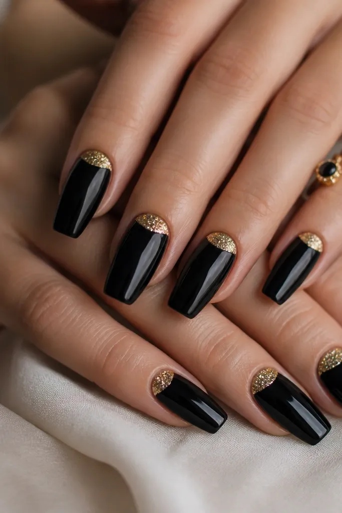 Medium coffin nails with glossy black base. The reverse French at the cuticle area is filled with fine gold glitter, leaving the rest of the nail solid black.
