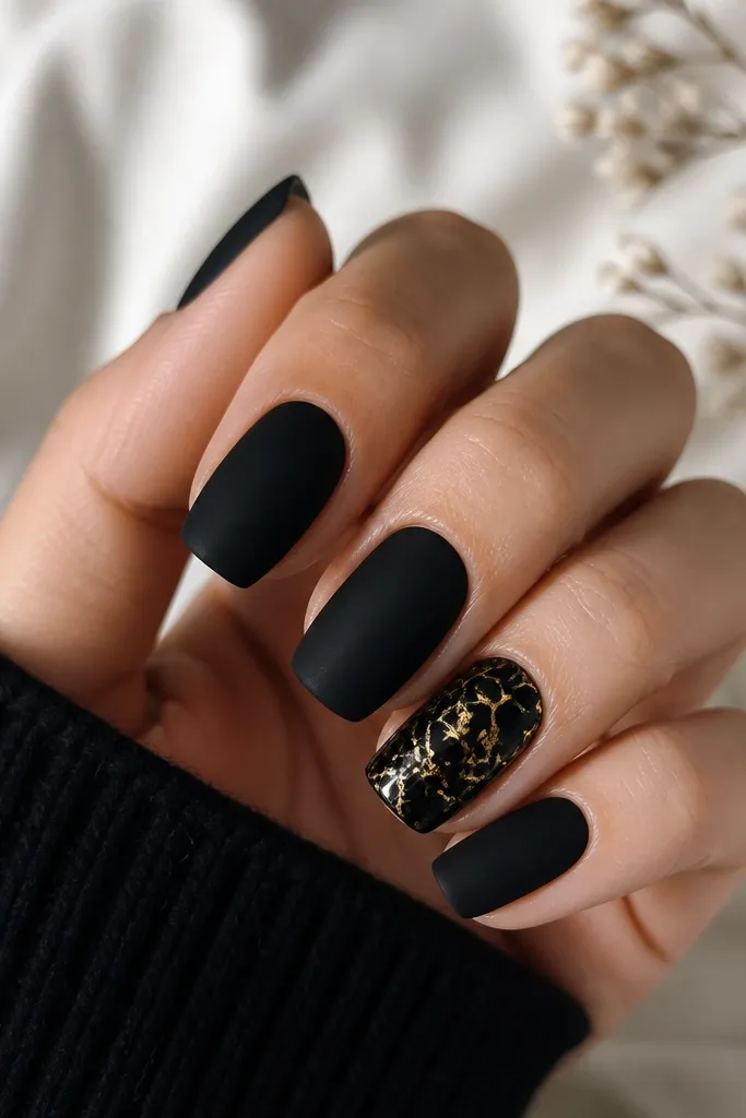 All nails matte black except one accent nail with a gold crackle effect. The crackle pattern looks like broken glass in warm gold, with glossy top coat on that one nail.