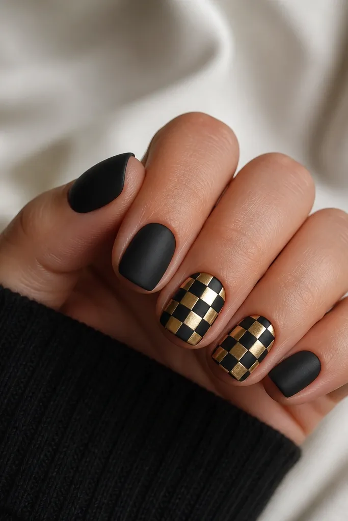 Short square nails with matte black base. Two accent nails have a small gold-and-black checker pattern in a grid, with crisp squares and glossy gold squares.