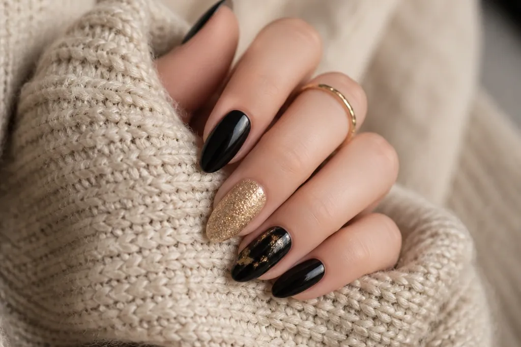 Cozy Gold And Black Acrylic Nails