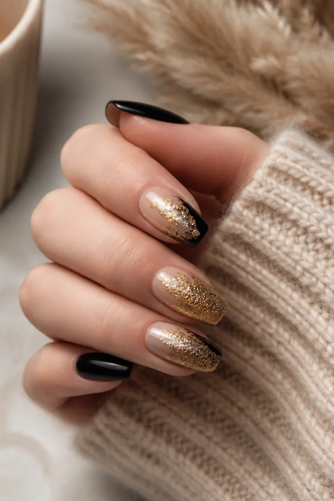 Cozy Gold And Black Acrylic Nails