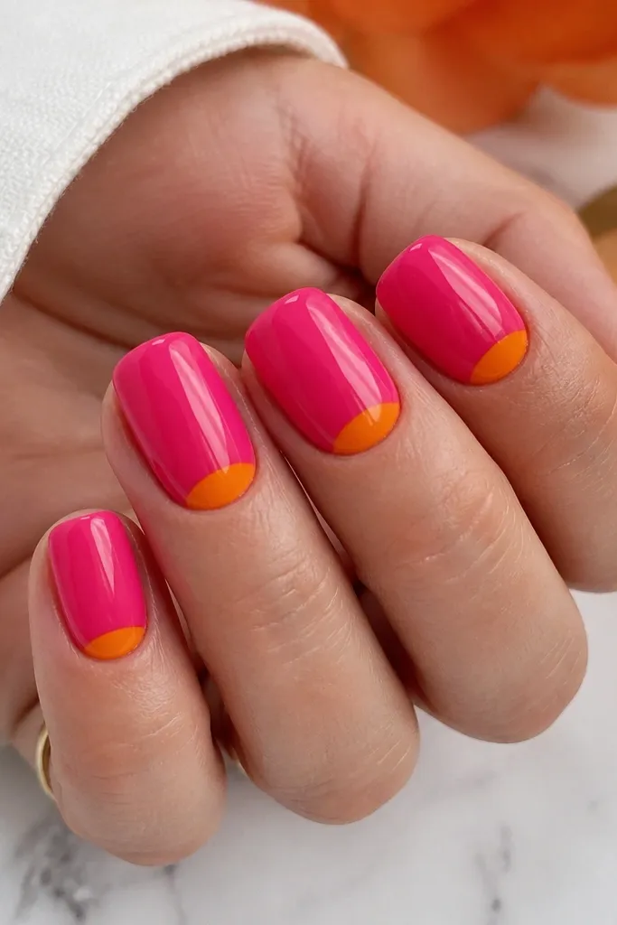 Short squoval nails painted hot pink with crisp tangerine half-moon arcs at the cuticle, glossy finish.