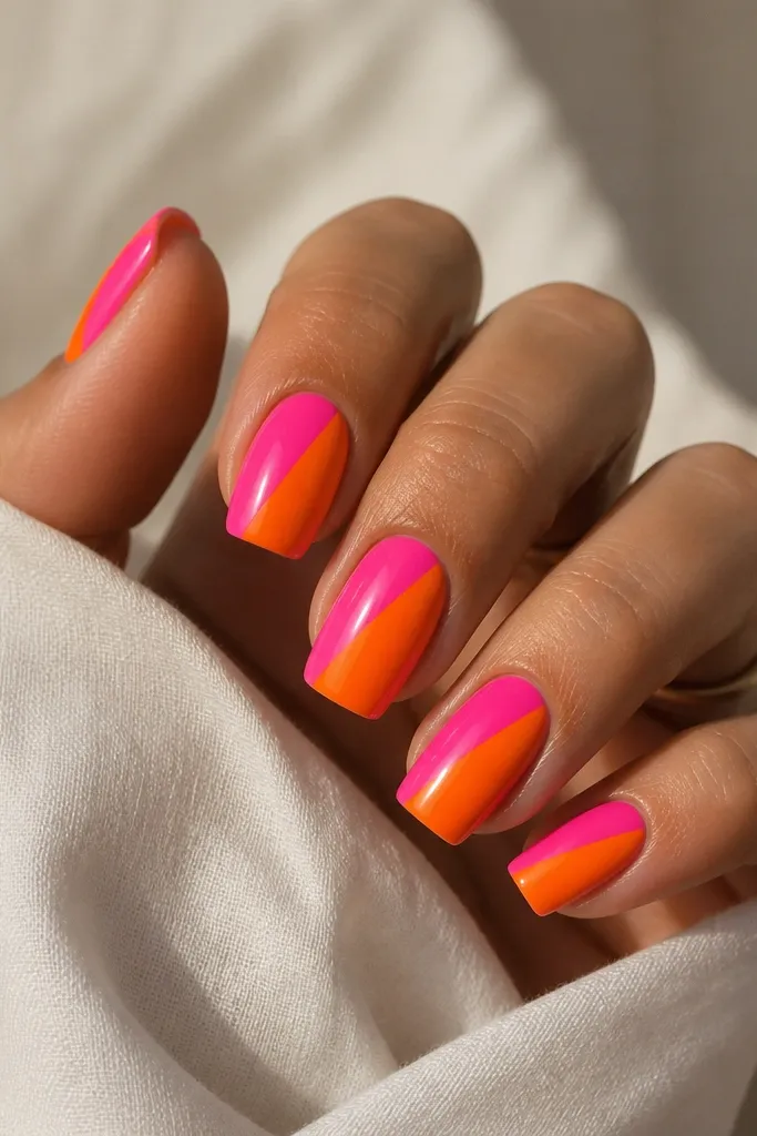 Medium length squoval nails split diagonally with glossy hot pink on one side and bright orange on the other, sharp line down the center.