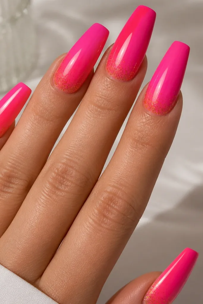 Coffin nails in hot pink with a thin orange micro-glitter layer concentrated near the cuticle like a veil, glossy top coat.