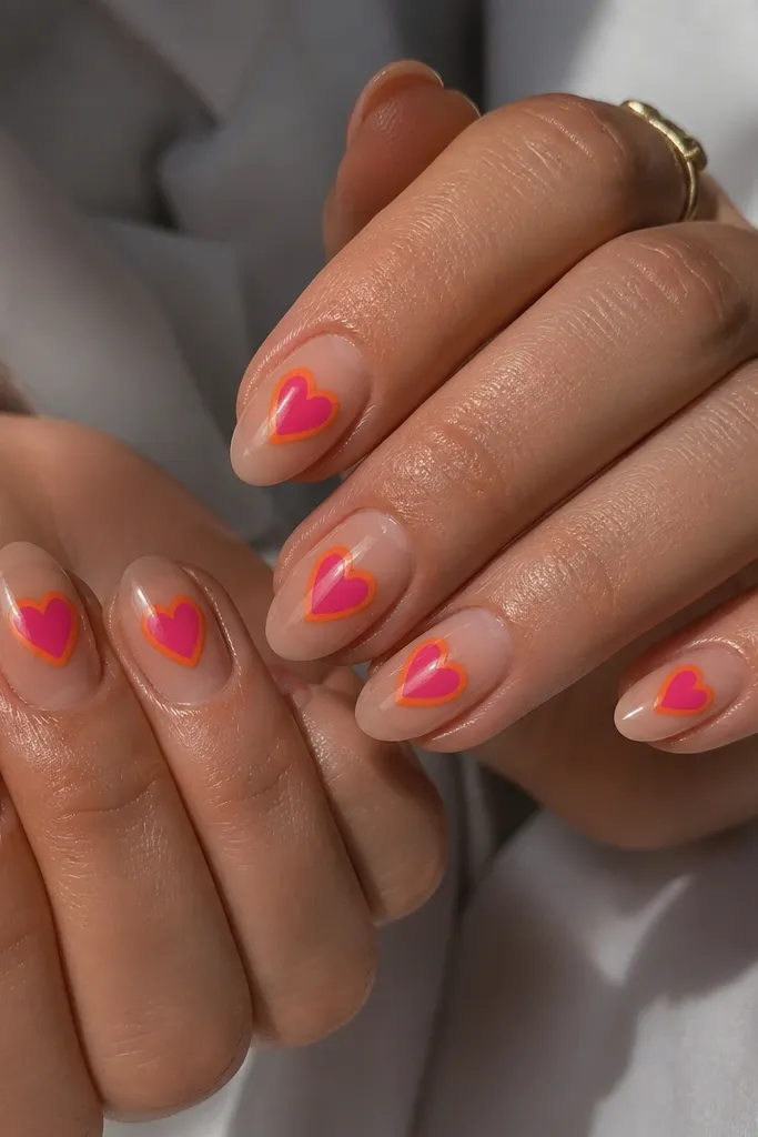 Short almond nails with hot pink hearts on a sheer nude base and orange outlines around each heart, glossy finish.