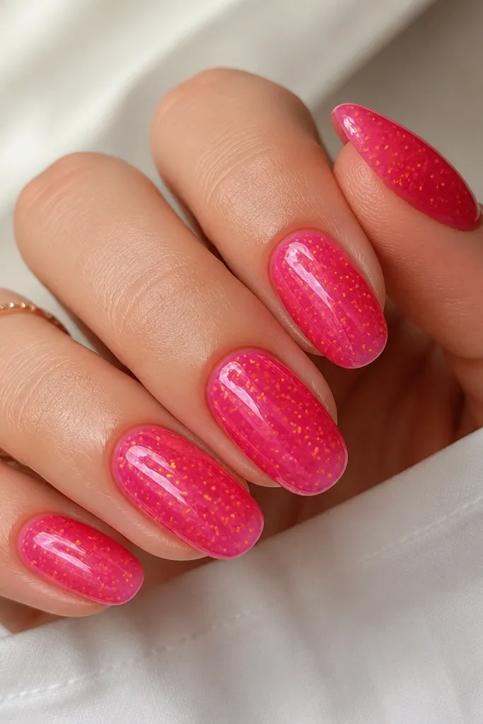 Medium oval nails coated in translucent hot pink jelly with scattered tiny orange sprinkles (micro glitter dots), glossy finish.