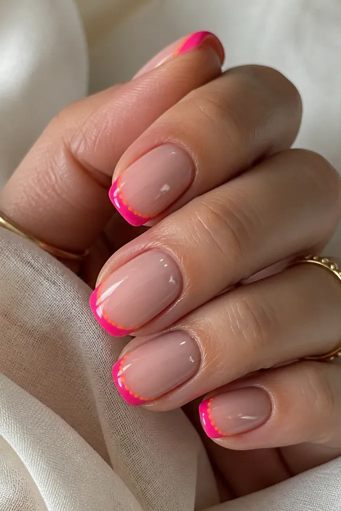 Squoval nails with a hot pink French line at the tip, tiny orange dots at the very edge, glossy top coat.