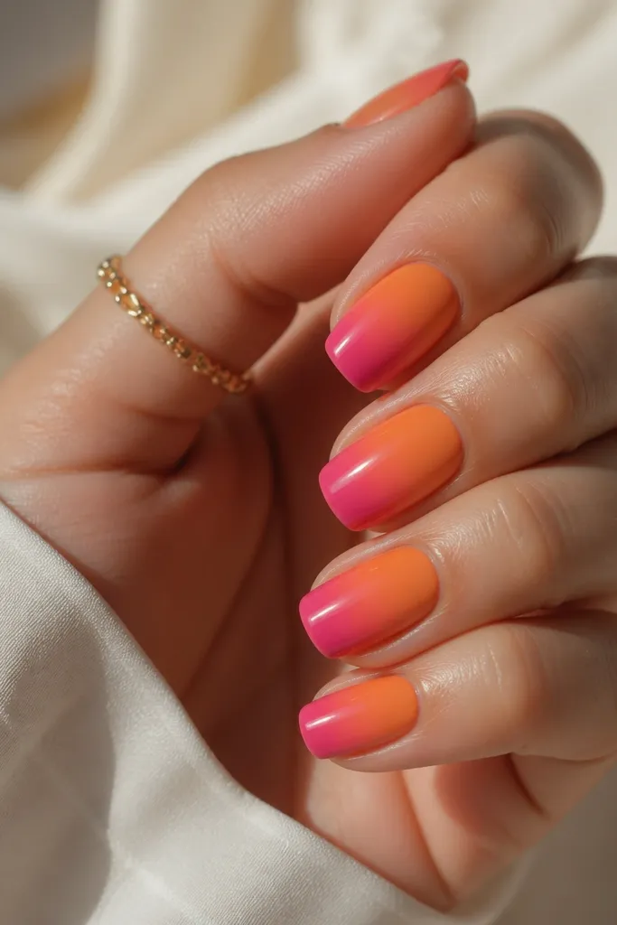 Round-to-squoval nails with orange at the base fading into hot pink at the tips, glossy gradient.