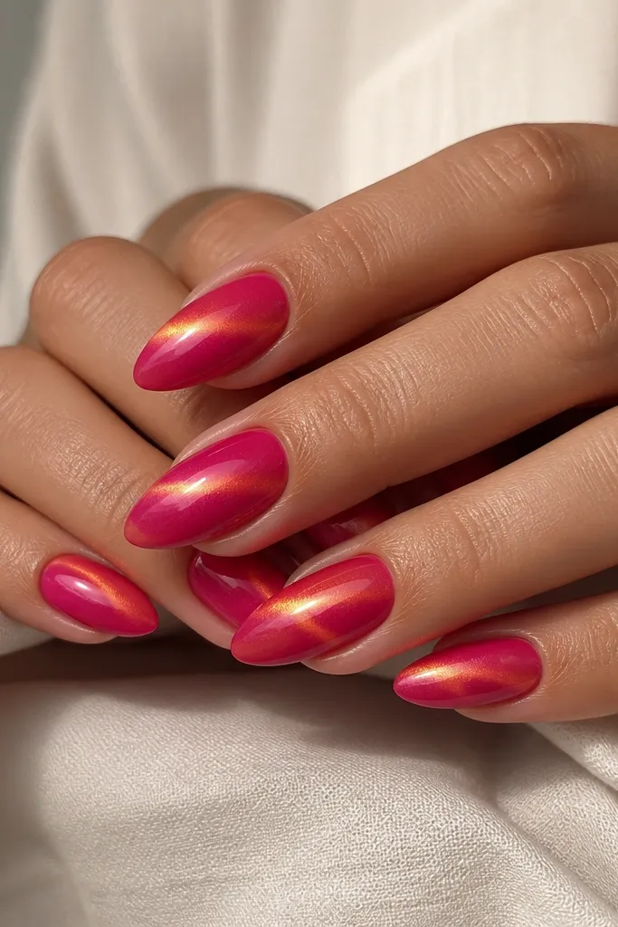 Almond nails in hot pink cat-eye gel with a magnetic orange glow line running horizontally through the center, glossy finish.