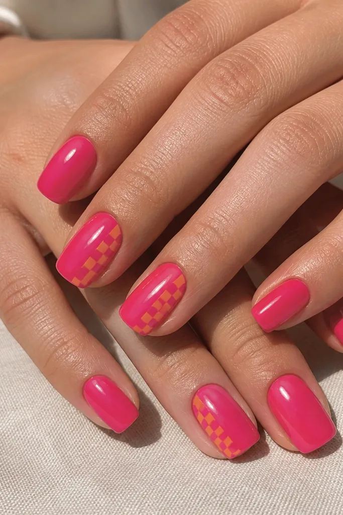 Medium squoval nails with hot pink glossy base and a single accent checkerboard near the side in orange and hot pink squares.