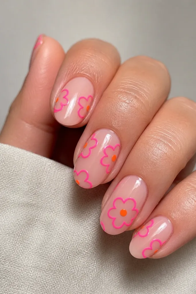 Short almond nails with hot pink flower outlines and orange dot centers on a sheer nude base, glossy finish.
