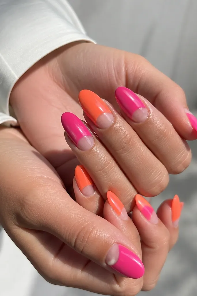 Almond nails with clear negative space forming half moons at the cuticle, hot pink and orange alternating around the moons, glossy finish.