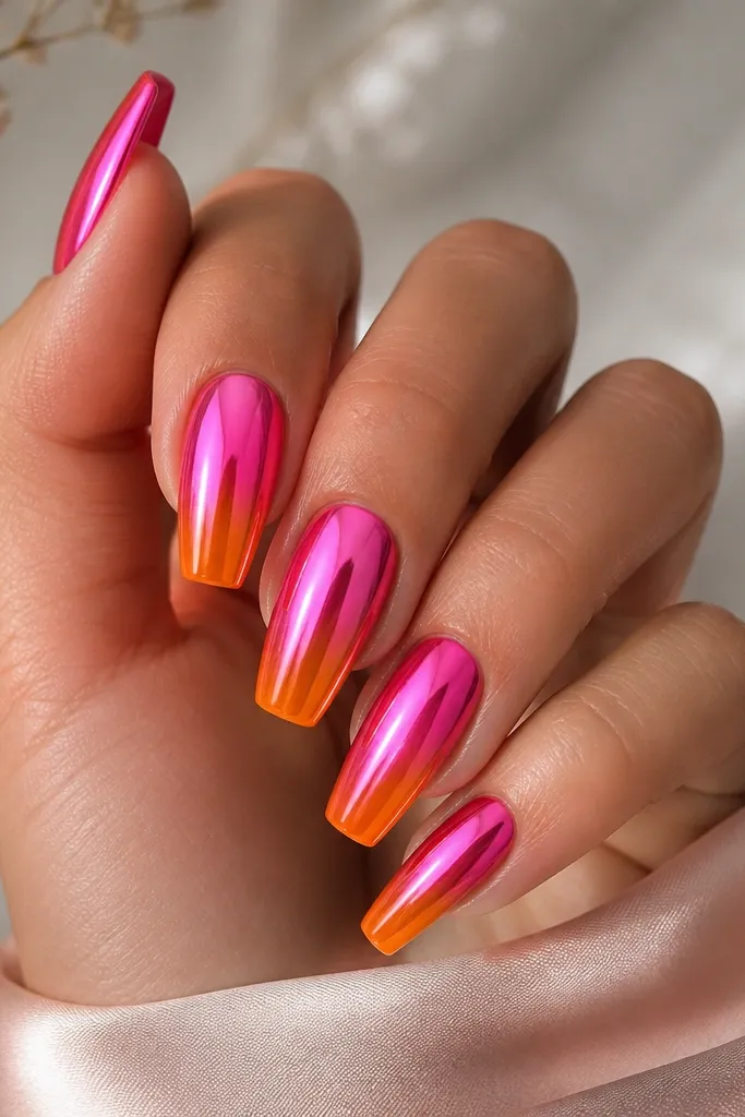 Medium coffin nails with orange underlayer near the tip and hot pink chrome powder covering the upper tip area, mirror-like shine.