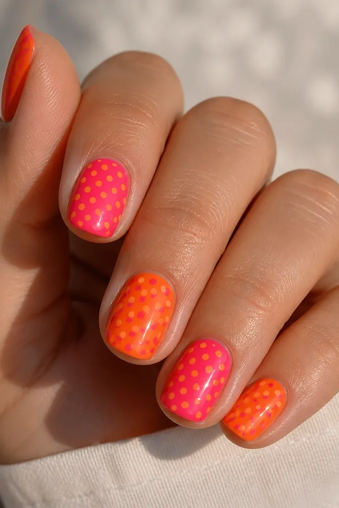 Short squoval nails with alternating hot pink and orange bases, each nail covered in small contrasting polka dots, glossy finish.