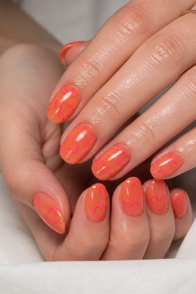 Medium oval nails with translucent orange jelly base, hot pink outline hearts on top, glossy finish.