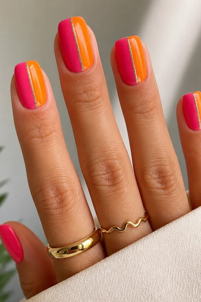 Squoval nails split left-right with hot pink and orange, separated by a thin silver shimmer line, glossy finish.