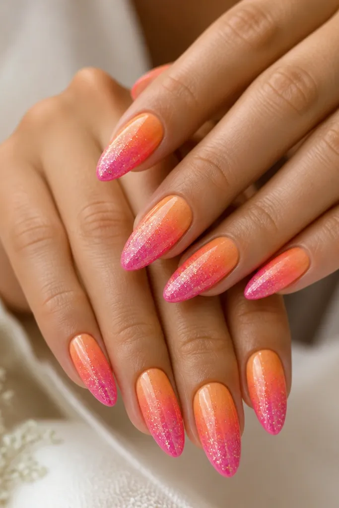 Almond nails with orange to hot pink ombre and a glitter fade that increases toward the tips, glossy finish.